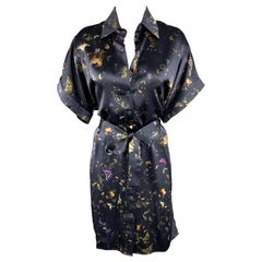 ERDEM Size 8 Navy Butterfly Print Silk Short Sleeve Shirt Dress