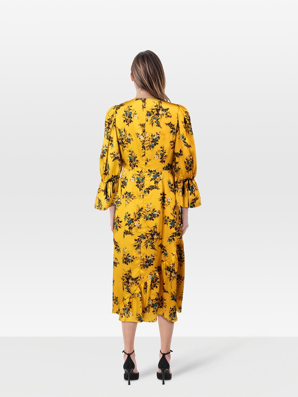 CONDITION is Very Good. Hardly any visible wear to the dress is evident on this used Erdem designer resale item.
 
 Details
 
 
 Yellow
 
 Polyester
 
 Dress
 
 Midi
 
 Floral print
 
 V neck
 
 Long sleeves
 
 Flared sleeves
 
 Drawstring detail on