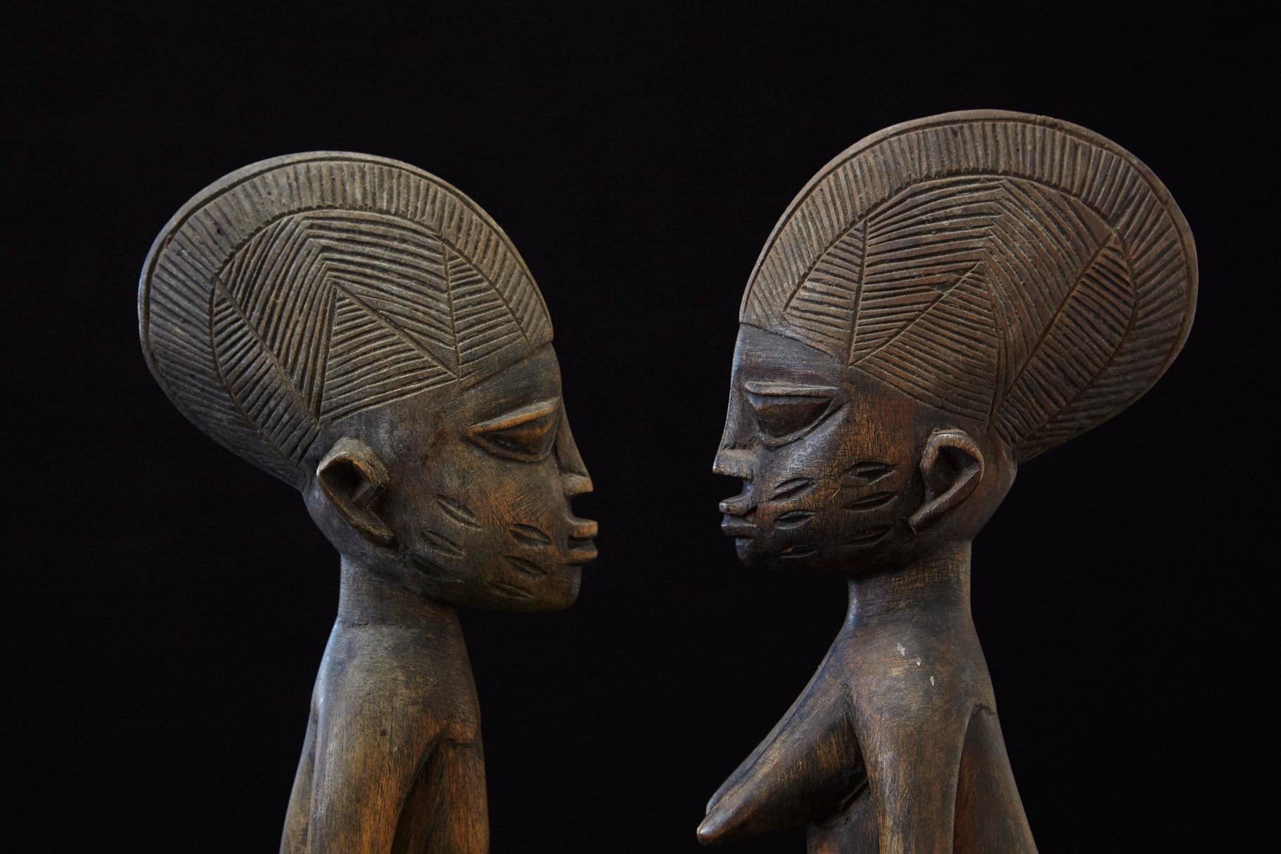 Wood Ere Ibeji Pair of Commemorative Figures, Ogbomosho, Yoruba People Nigeria 20th C For Sale