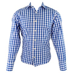 EREDI PISANO Size S Blue White Checkered Cotton Spread Collar Long Sleeve Shirt