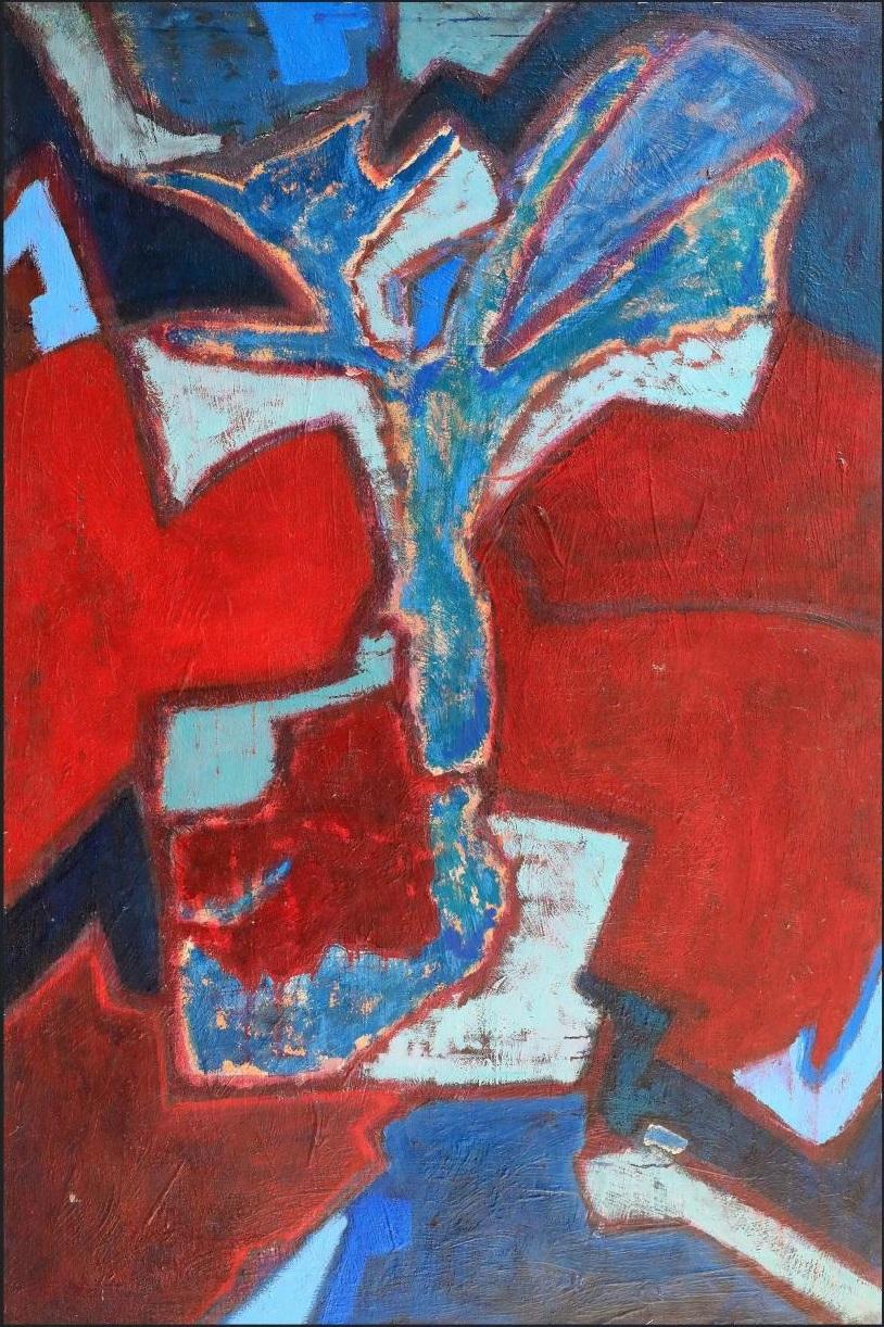 Erekle Chinchilakashvili Still-Life Painting - Oil on Board  Abstract Still Life Painting "Red and Blue Issues"