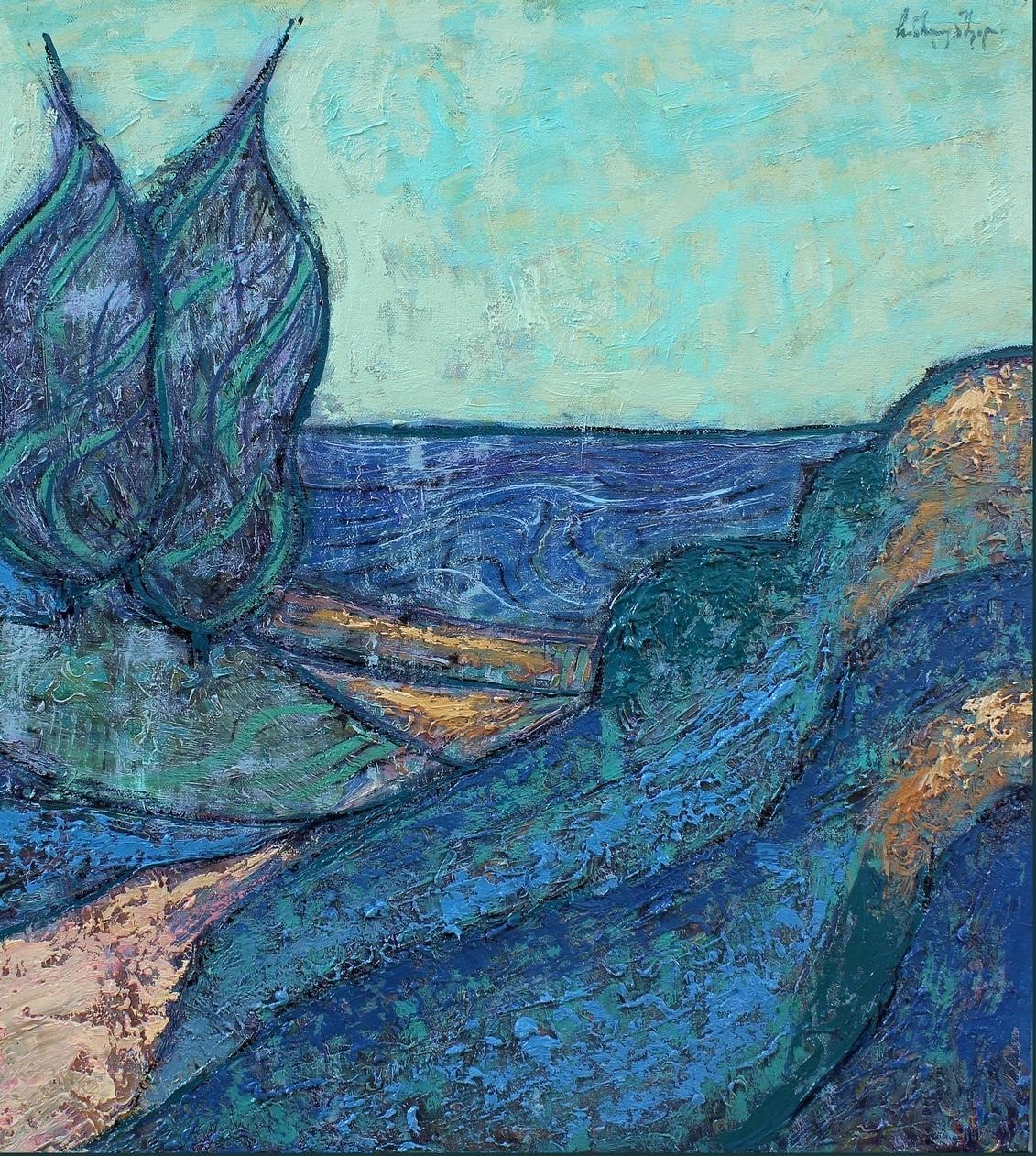 'Sulla spiaggia', di Erekle Chinchilakashvili, pittura a olio su masonite in vendita 3