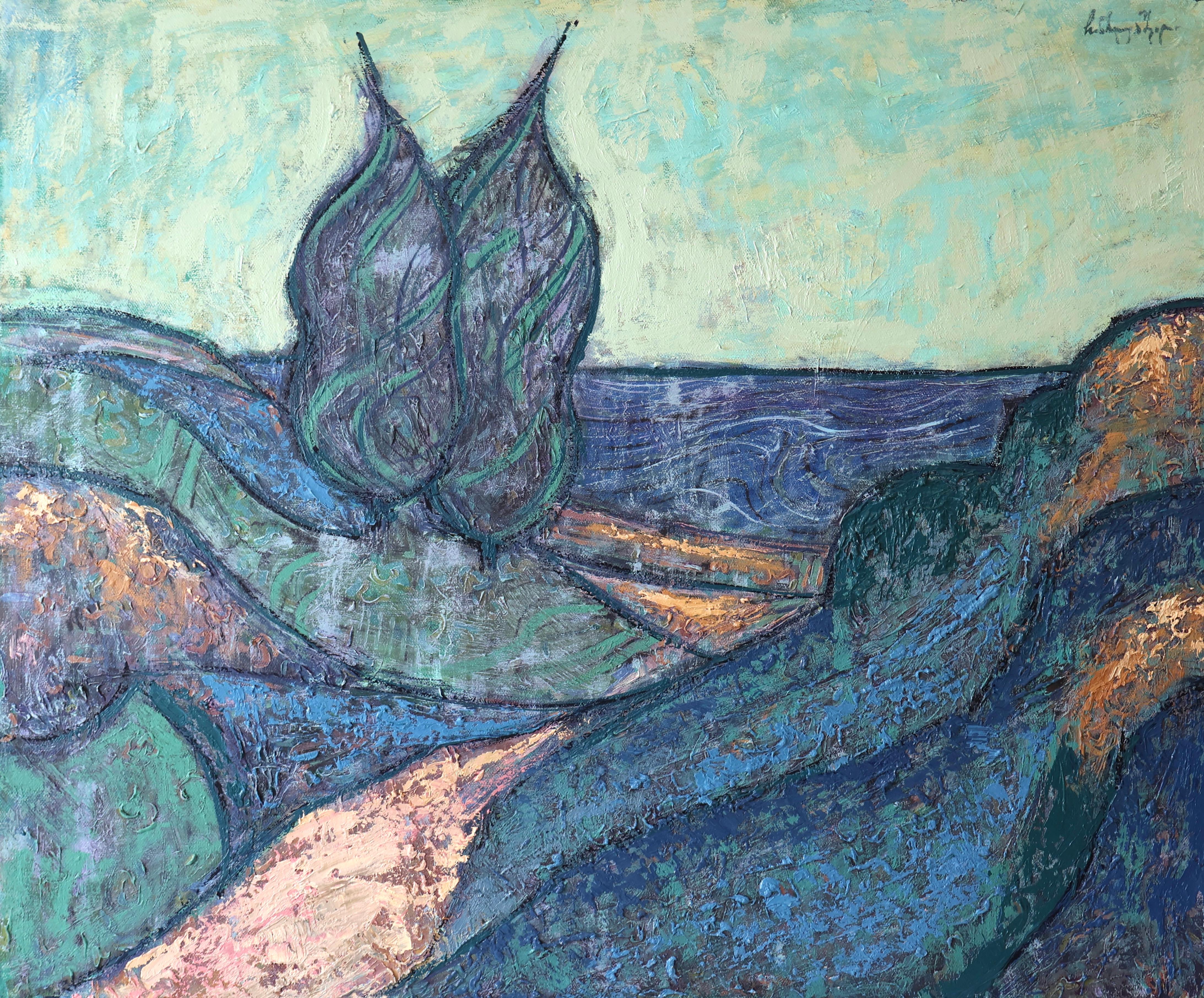 This 20" x 23" oil painting on canvas by Tbilisi, Georgia-based artist Erekle Chinchilakashvili depicts two blue trees near a brown pathway leading to the coastal shore. The texture of the work and overall brushwork lends itself to modern