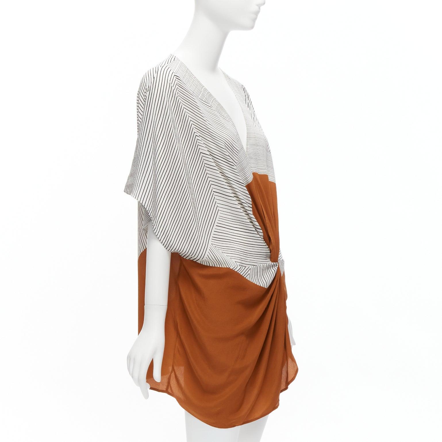 Gray ERES 100% silk black white striped brown colorblocked knot coverup tunic  S For Sale