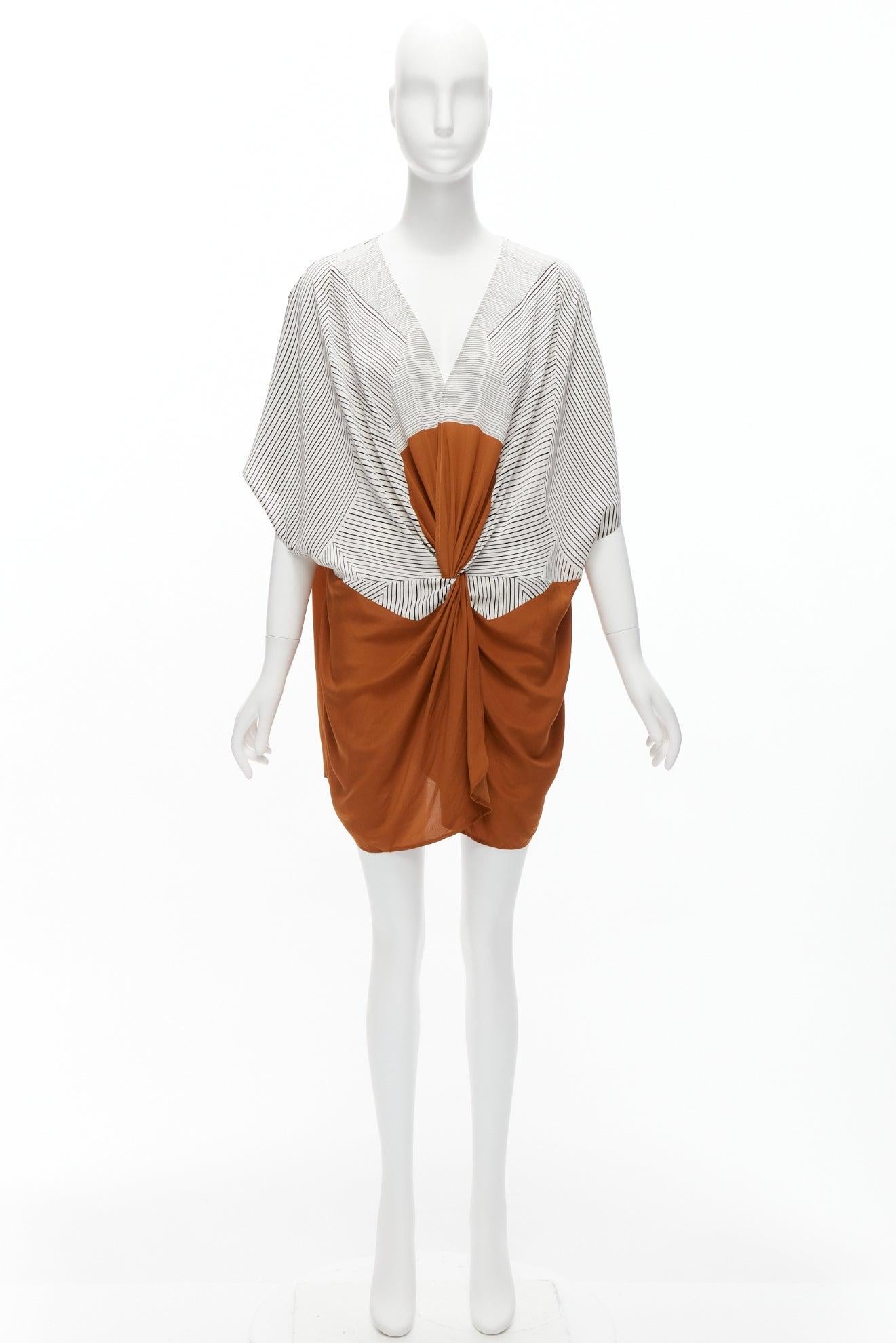ERES 100% silk black white striped brown colorblocked knot coverup tunic  S For Sale 4