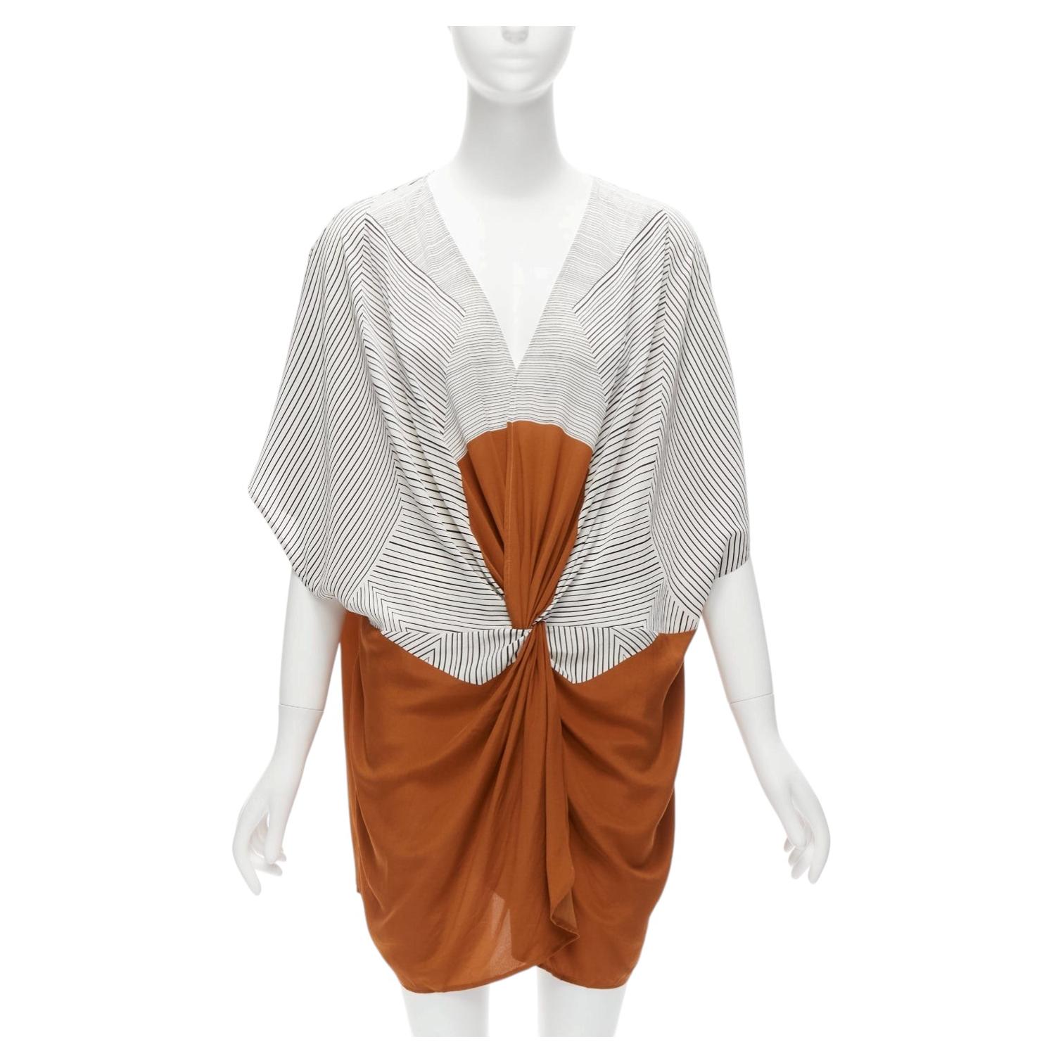 ERES 100% silk black white striped brown colorblocked knot coverup tunic  S For Sale