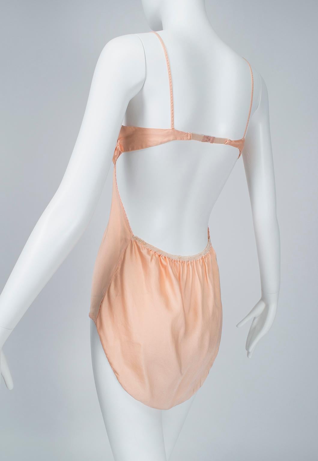 Beige Erès-Inspired Peach Silk Charmeuse Open Back Step-In Teddy Bodysuit– M, 1930s For Sale