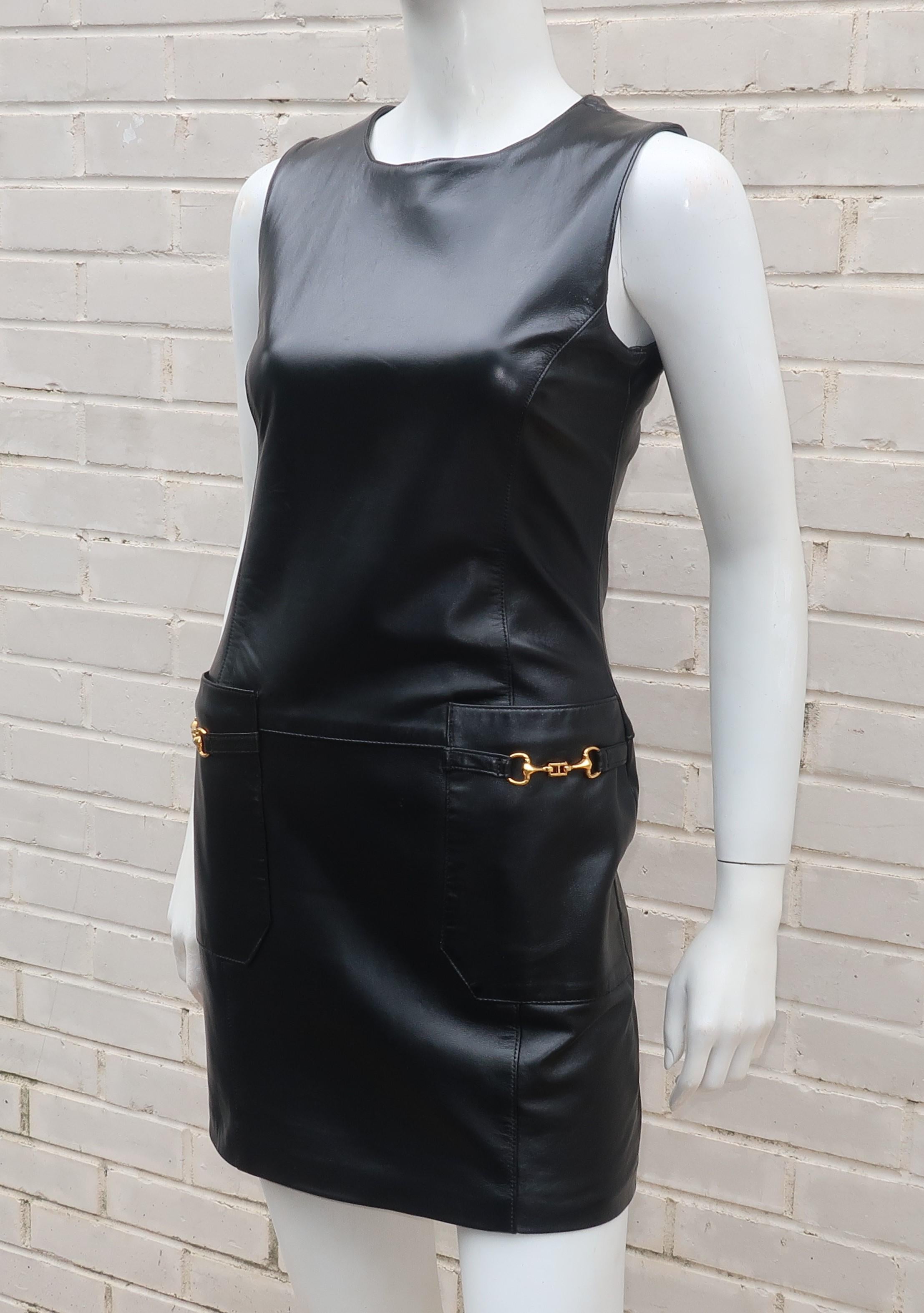 Women's Erez Levy Black Leather Horsebit Mini Dress, 1990's