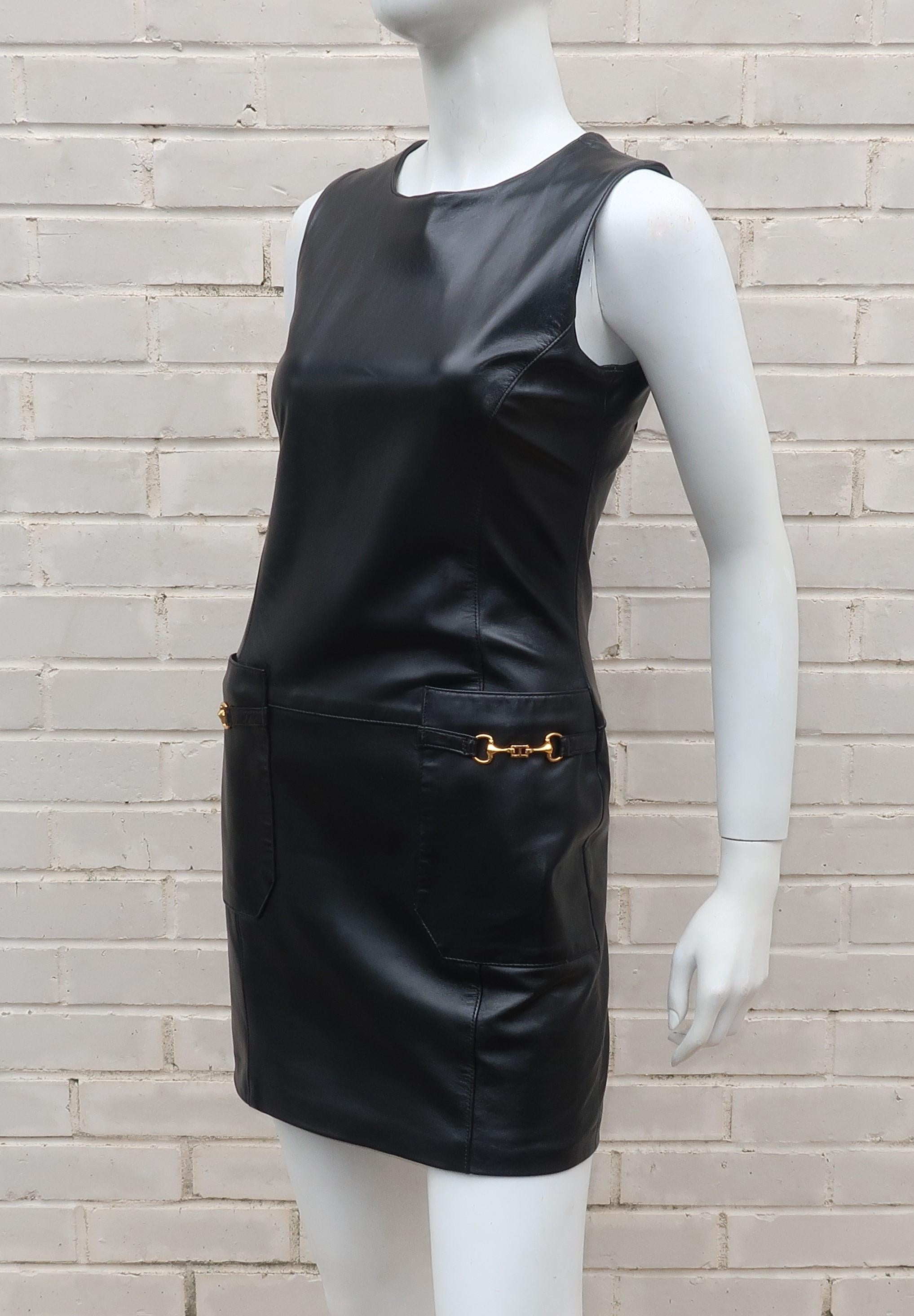 Erez Levy Black Leather Horsebit Mini Dress, 1990's 1