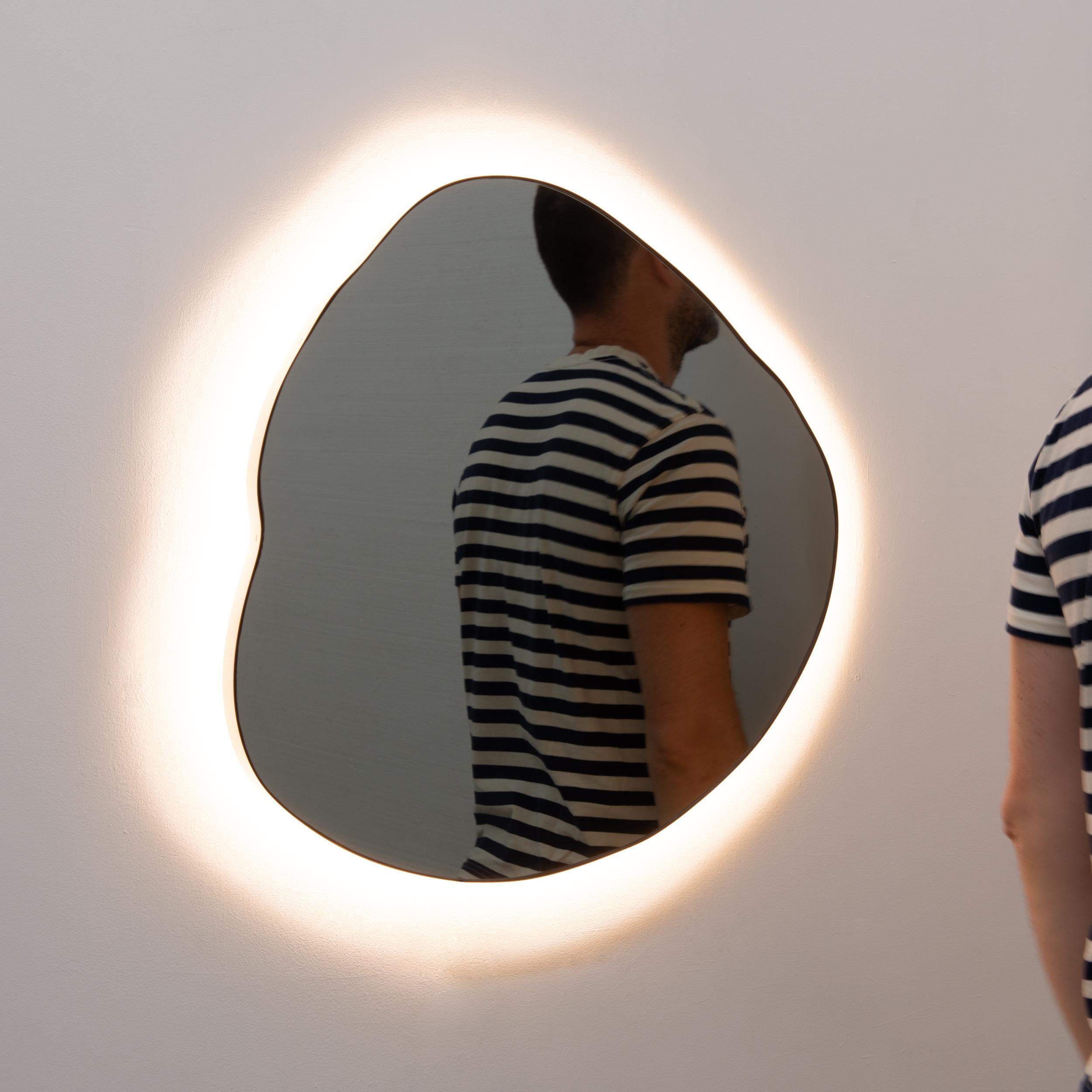 XXIe siècle et contemporain Ergon Organic Freeform Illuminated Modern Black Mirror, Bronze Patina Frame, XL (miroir noir éclairé de forme libre) en vente