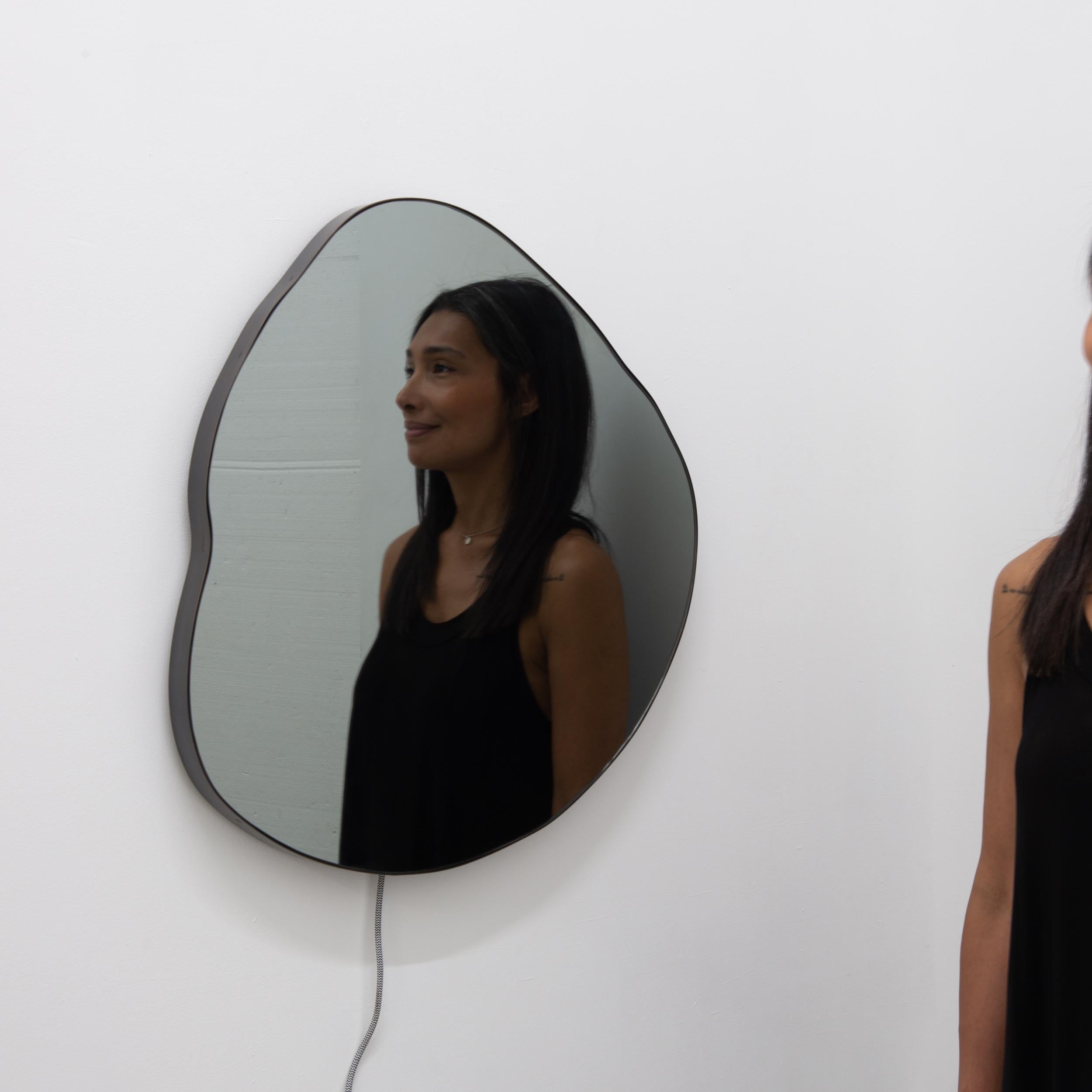 British Ergon Organic Shape Illuminated Black Tinted Mirror, Bronze Patina Frame, Medium For Sale