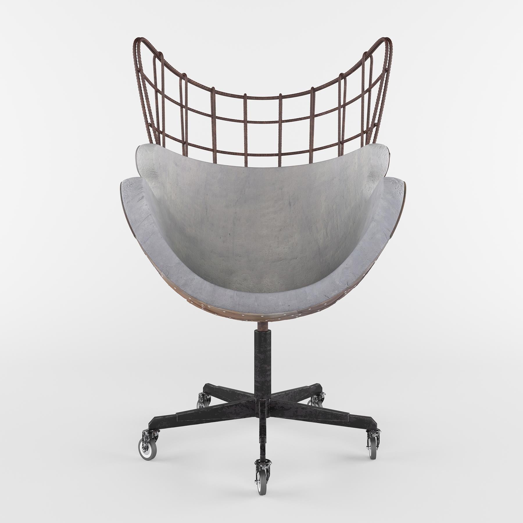 EGG-Stuhl von Arne Jacobsen. Es ist eine verblüffende Neuinterpretation des klassischen Designs der Moderne mit einem offensichtlichen urbanen Twist. Der aus Beton, Bewehrungsstäben und Metallplatten gefertigte Betonstuhl bringt die einzigartigen