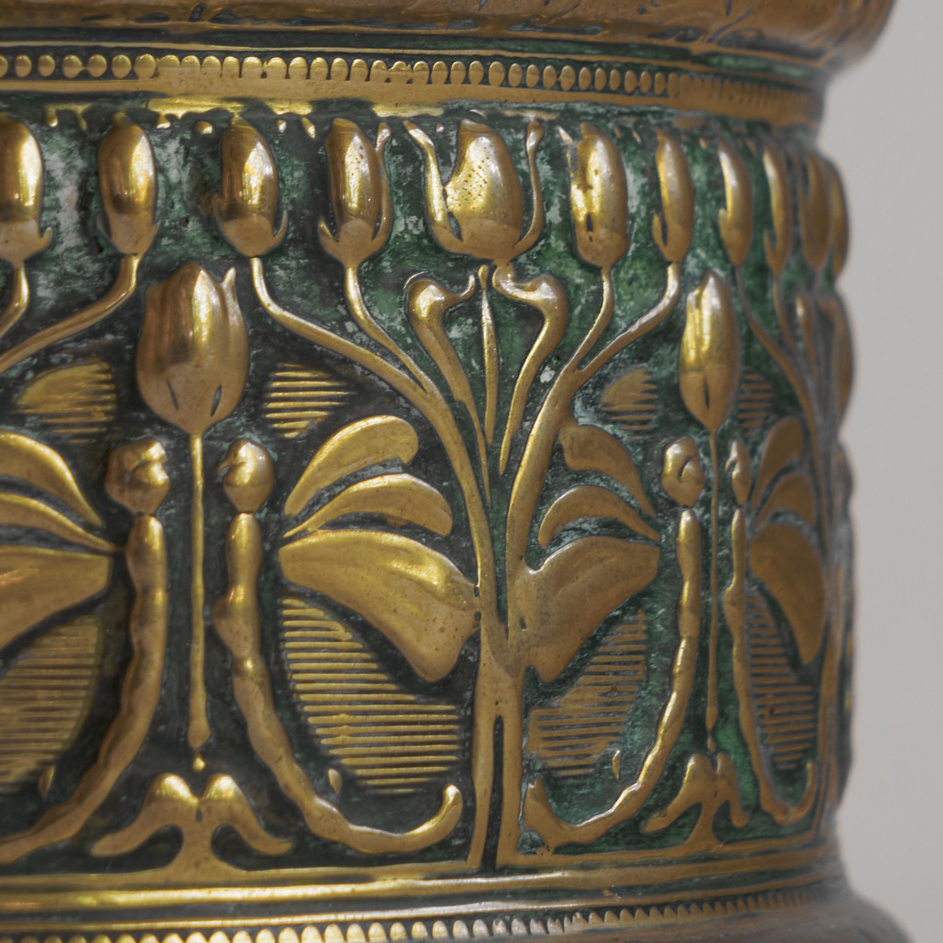 German Erhard & Söhne Art Nouveau Lidded Pot in Patinated Brass For Sale