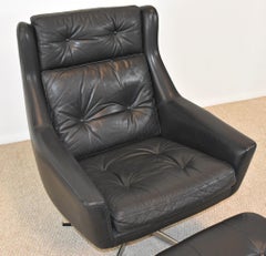 Erhardsen & Andersen, "Siesta" Chair with Ottoman, Black Leather, Lounge Chair