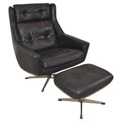 Erhardsen & Andersen, "Siesta" Chair with Ottoman, Black Leather, Lounge Chair
