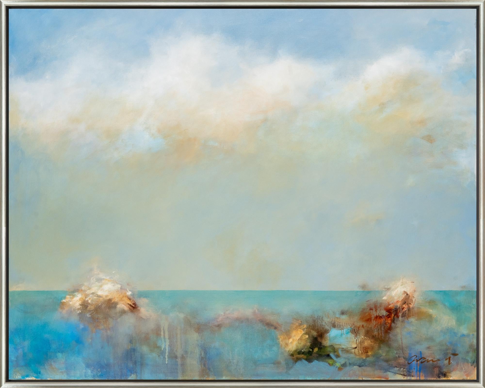 Abstract Painting de Eric Abrecht - "Horizonte Azul" Paisaje acuático costero con nubes, Óleo sobre lienzo enmarcado