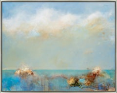 "Azul Horizon" Coastal Waterscape with Clouds, Framed Oil on Canvas