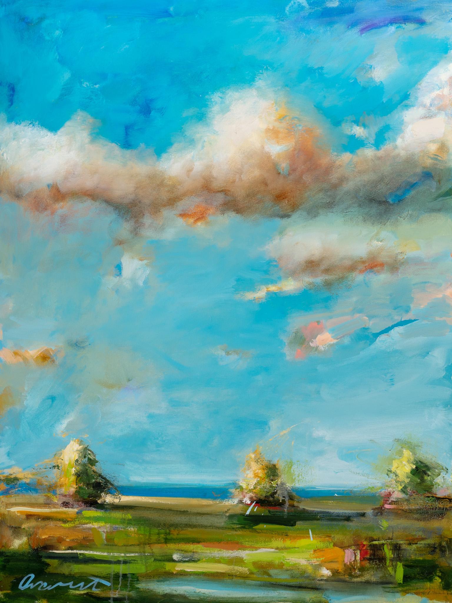 "Evening Tide" Paysage abstrait avec arbres, peinture à l'huile sur toile