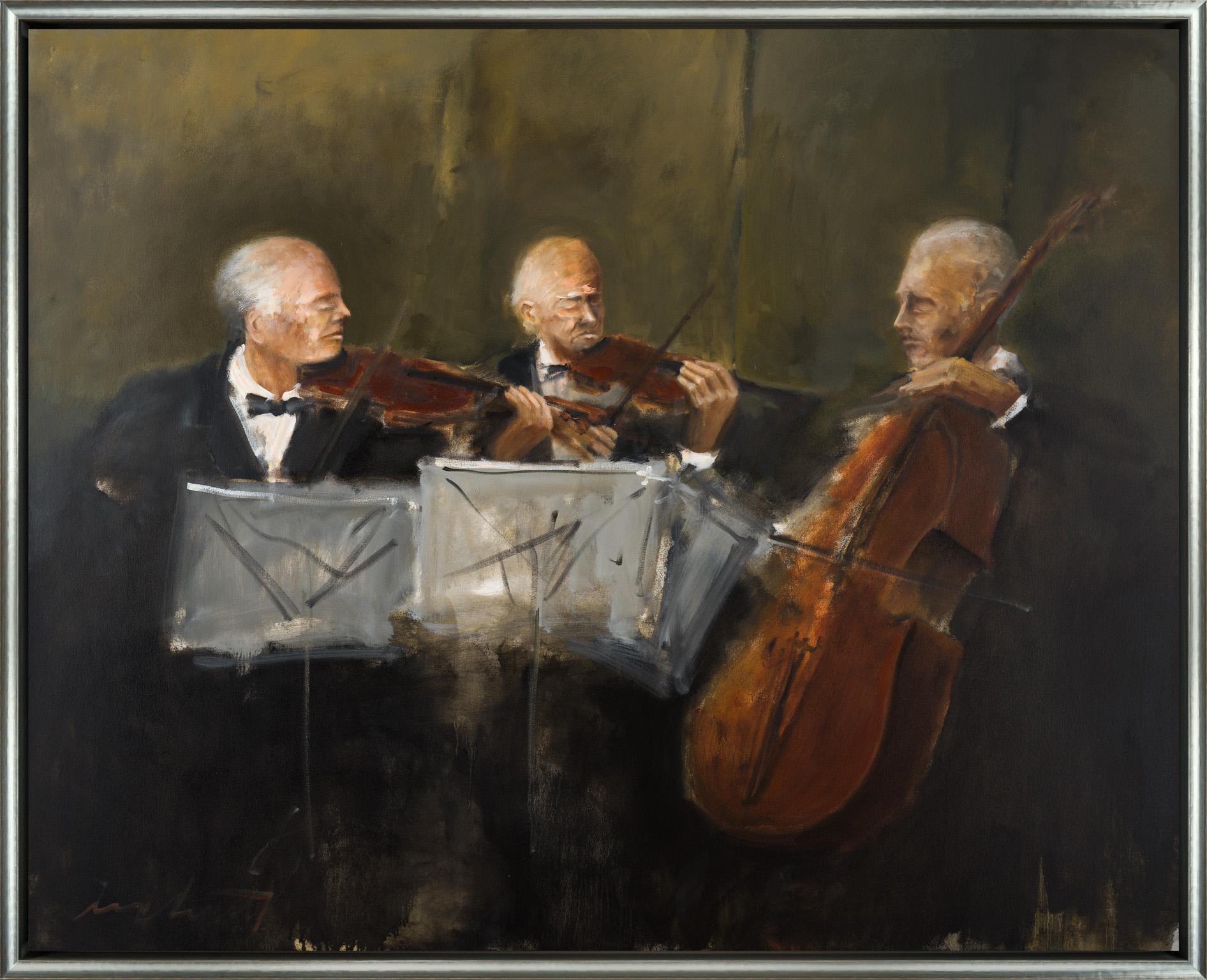 Eric Abrecht Figurative Painting - "Musician Trio" Loosely Painted Classical Musicians in Oil Paint
