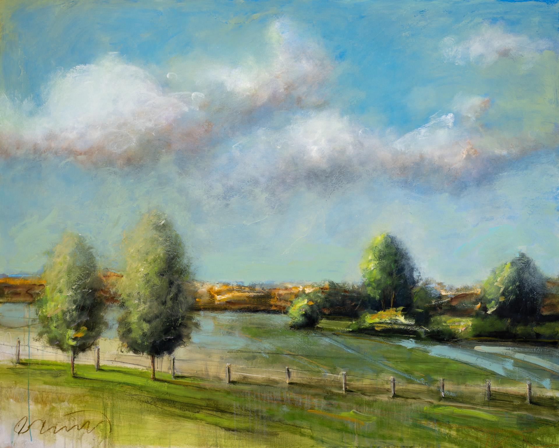 "Pasture" Paysage abstrait avec arbres, peinture à l'huile sur panneau
