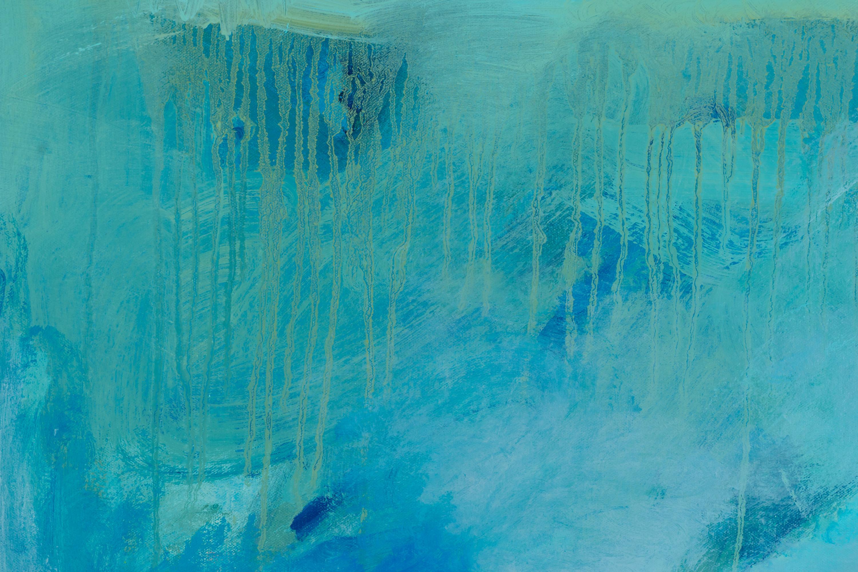 „Tranquil Presence“ Landschafts-Aquarell mit Bäumen, Öl auf Leinwand Gemälde (Blau), Landscape Art, von Eric Abrecht