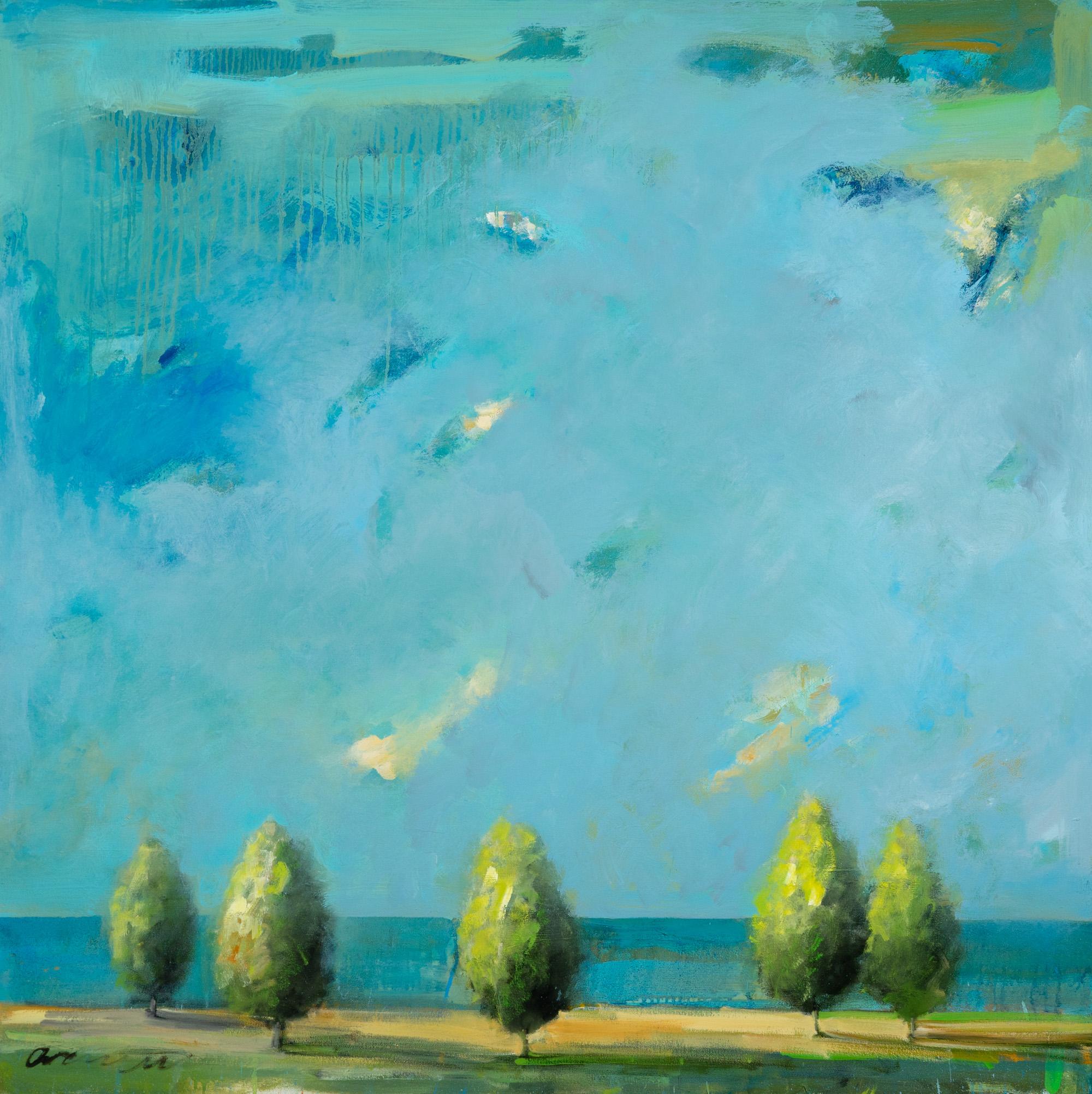 „Tranquil Presence“ Landschafts-Aquarell mit Bäumen, Öl auf Leinwand Gemälde