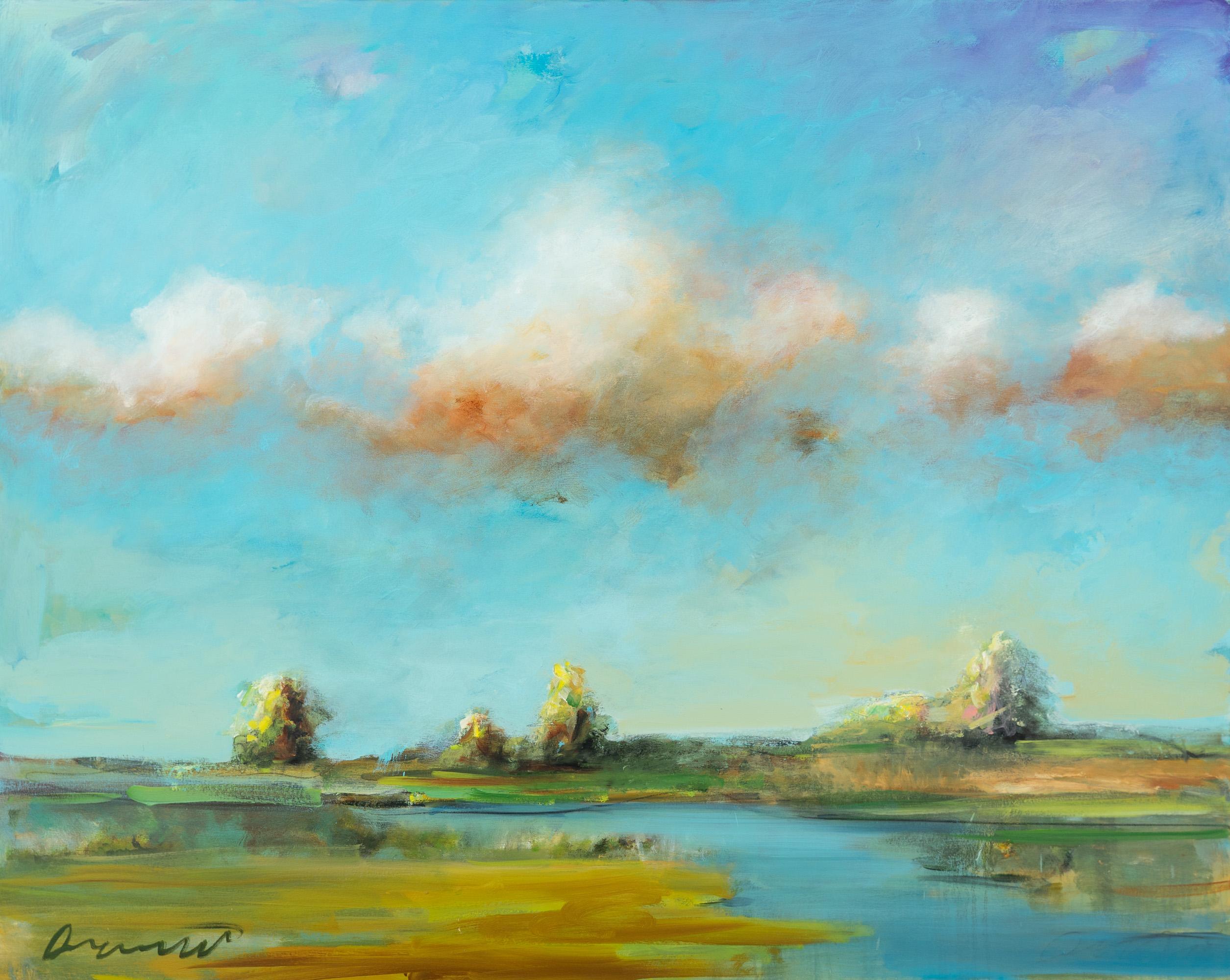 Landscape Painting Eric Abrecht - "Tributaire III" Paysage contemporain Paysage aquatique Huile sur toile