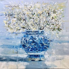"Branches in Bloom" French Vase with Colorful Flowers Oil Painting on Linen