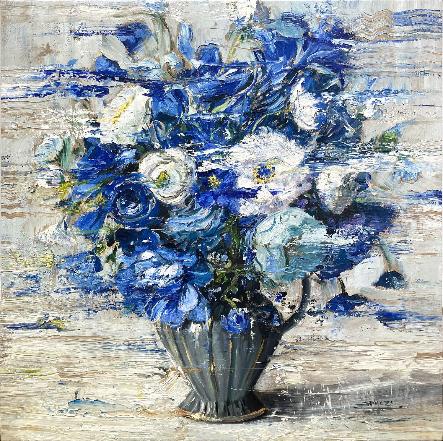 Abstract Painting de Eric Alfaro - "Pétalos Cerúleos" Jarrón de porcelana con flores azules y blancas Pintura al óleo sobre lino