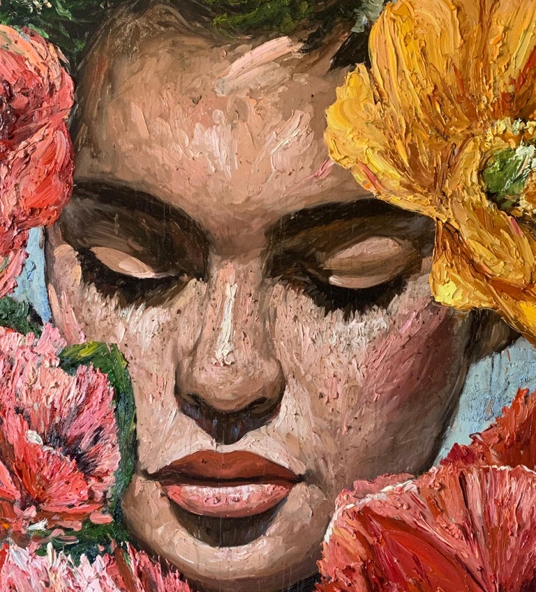 Chloe, Impressionism, Floral, Portrait, Cuban Artist in USA, oil paint, Palette  - Brown Portrait Painting by Eric Alfaro