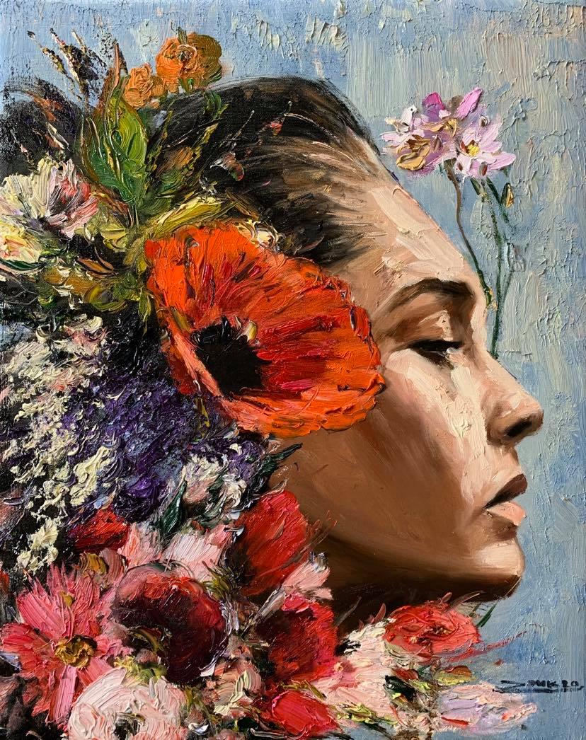Chloe, Impressionism, Floral, Portrait, Cuban Artist in USA, oil paint, Palette  - Brown Portrait Painting by Eric Alfaro