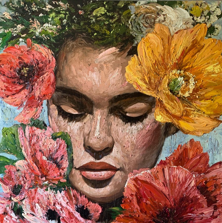 Eric Alfaro Portrait Painting - Chloe, Impressionism, Floral, Portrait, Cuban Artist in USA, oil paint, Palette 