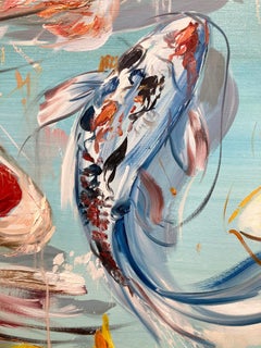 "Dancing in Teal Waters" Colorful Japanese Koi Fish & Water Oil Painting Canvas