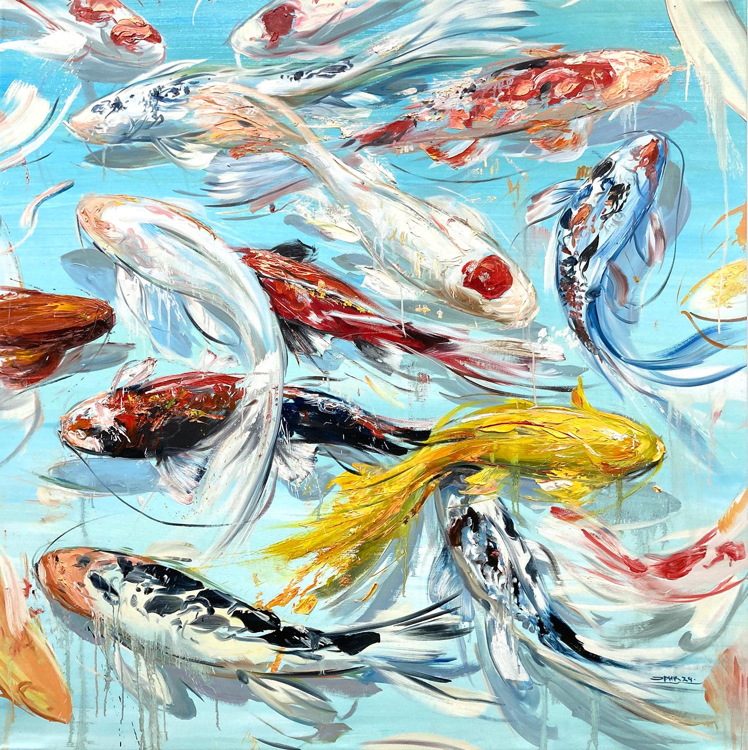 "Dancing in Teal Waters" Colorful Japanese Koi Fish & Water Oil Painting Canvas