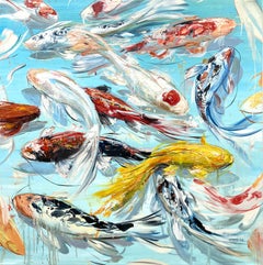 « Dancing in Teal Waters », peinture à l'huile japonaise colorée représentant des poissons koï et de l'eau