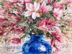 "Dreams in a Ceramic Shell" Porcelain Blue Vase with Pink Flowers Oil Painting