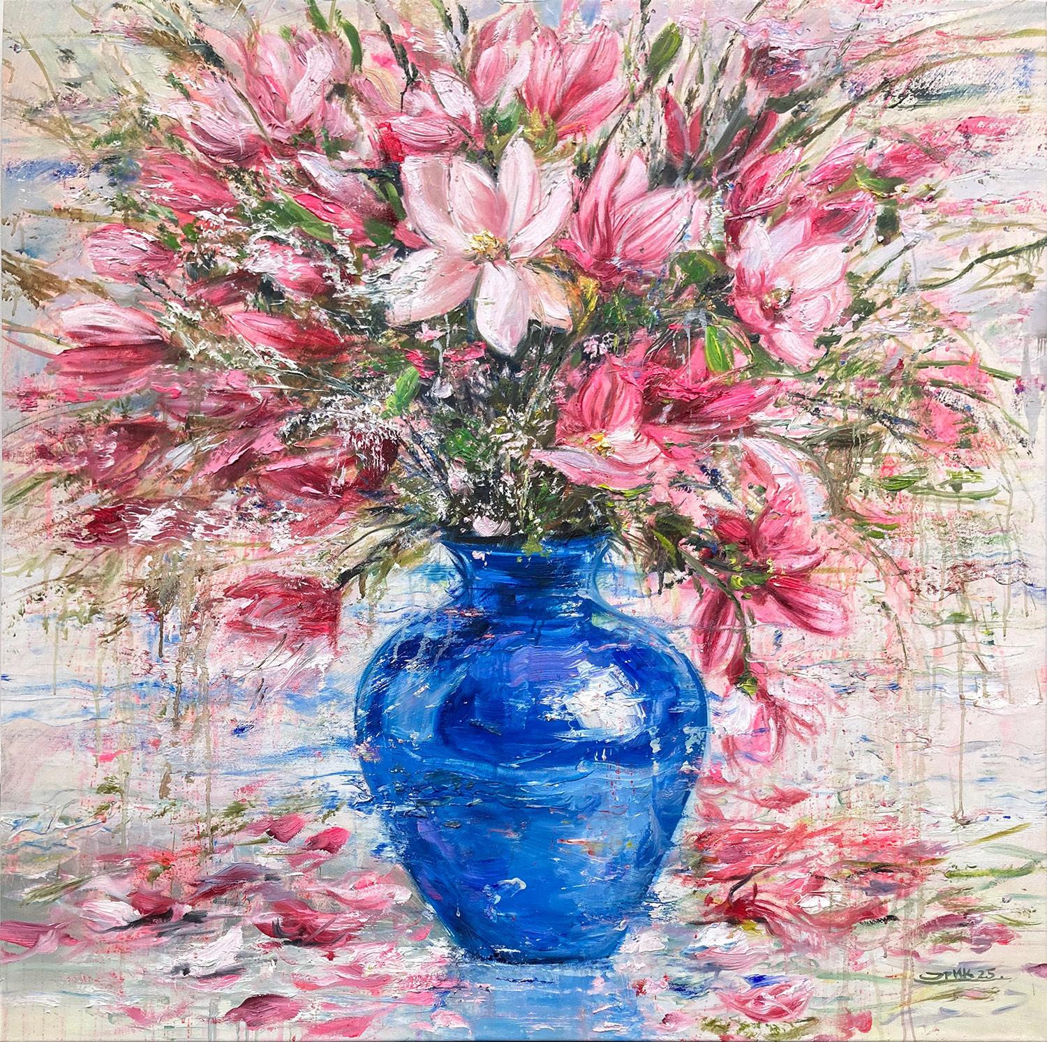 Eric Alfaro Abstract Painting – "Träume in einer Keramikschale" Porzellan blaue Vase mit rosa Blumen Ölgemälde