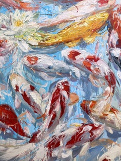 "Light Blue Pond" Colorful Japanese Koi Fish & Water Lily Oil Painting on Canvas