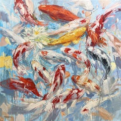 "Light Blue Pond" Colorful Japanese Koi Fish & Water Lily Oil Painting on Canvas