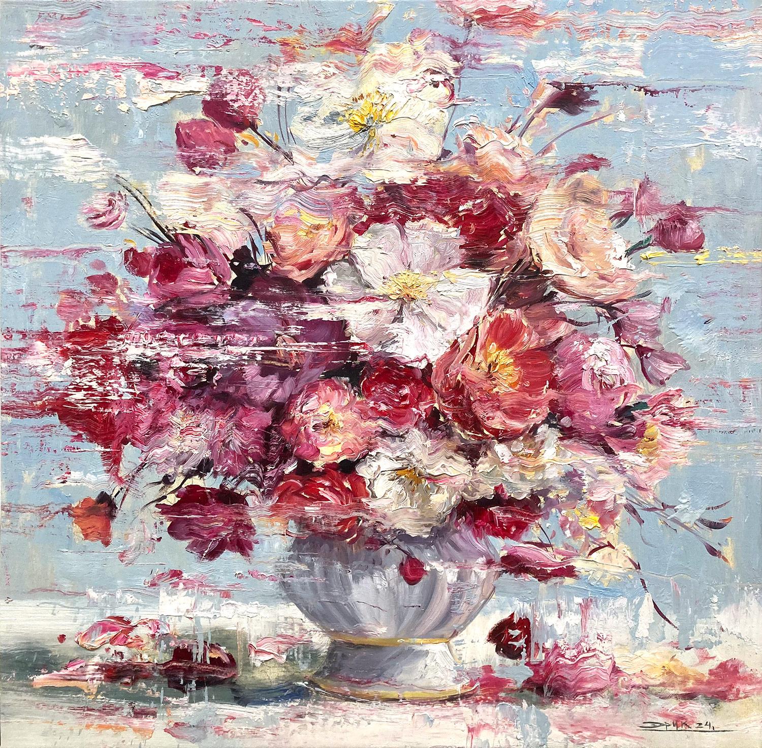 Eric Alfaro Abstract Painting - "Love In Bloom" Porcelain Vase with Pink & White Flowers Oil Painting on Linen