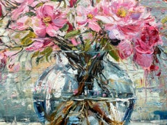 "Memories in Glass" Vase en verre avec fleurs roses colorées Peinture à l'huile sur toile