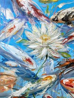 "Pond Life" Colorful Japanese Koi Fish & Water Lily Oil Painting on Canvas