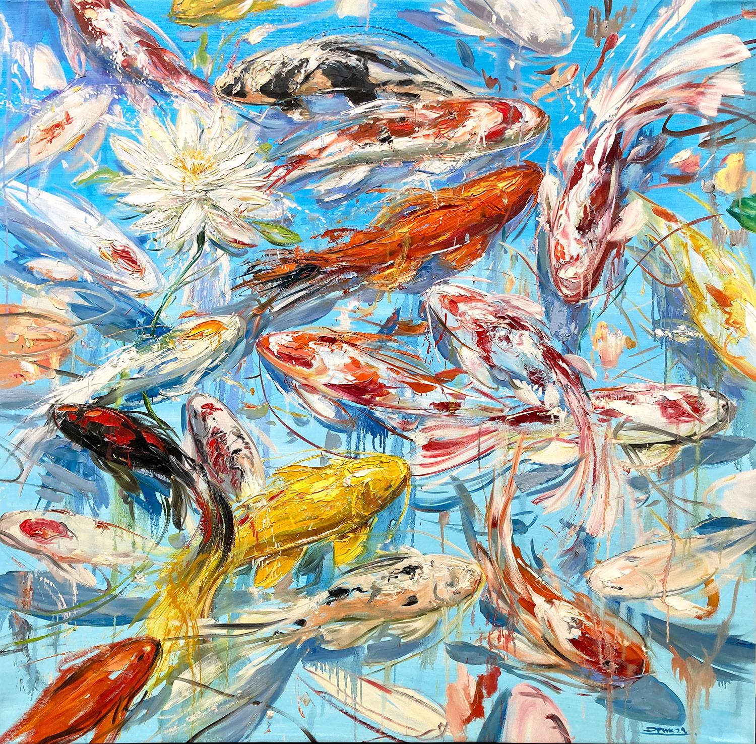 Animal Painting de Eric Alfaro - "Vida en el estanque" Colorido pez koi japonés y nenúfar Pintura al óleo sobre lienzo