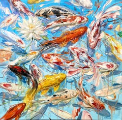 Peinture à l'huile sur toile japonaise Koi Fish & Water Lily