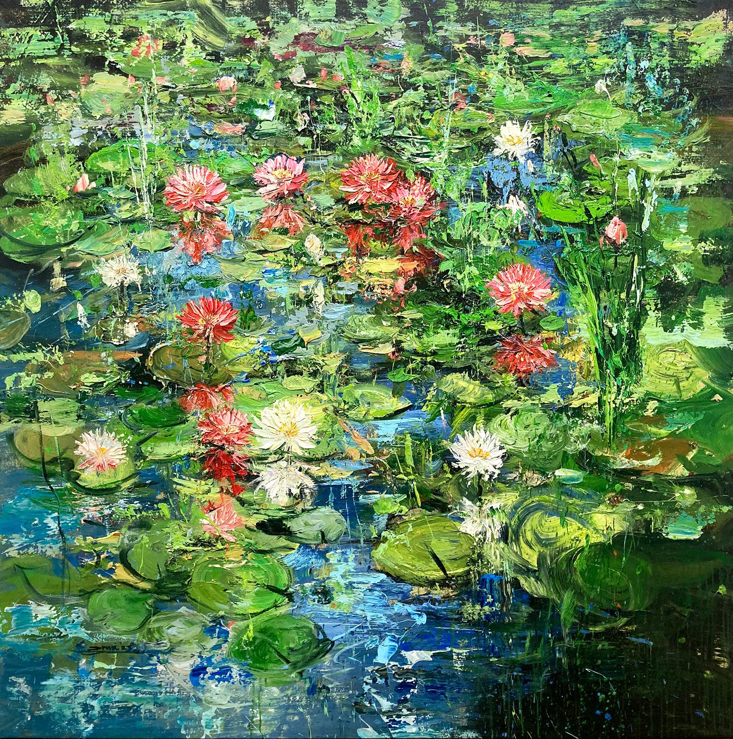Abstract Painting di Eric Alfaro - "Stagno con fiori di loto" Il giardino acquatico di Monet a Giverny dipinto su tela
