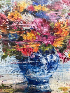 "Porcelain and Flowers" French Vase with Colorful Flowers Oil Painting on Linen