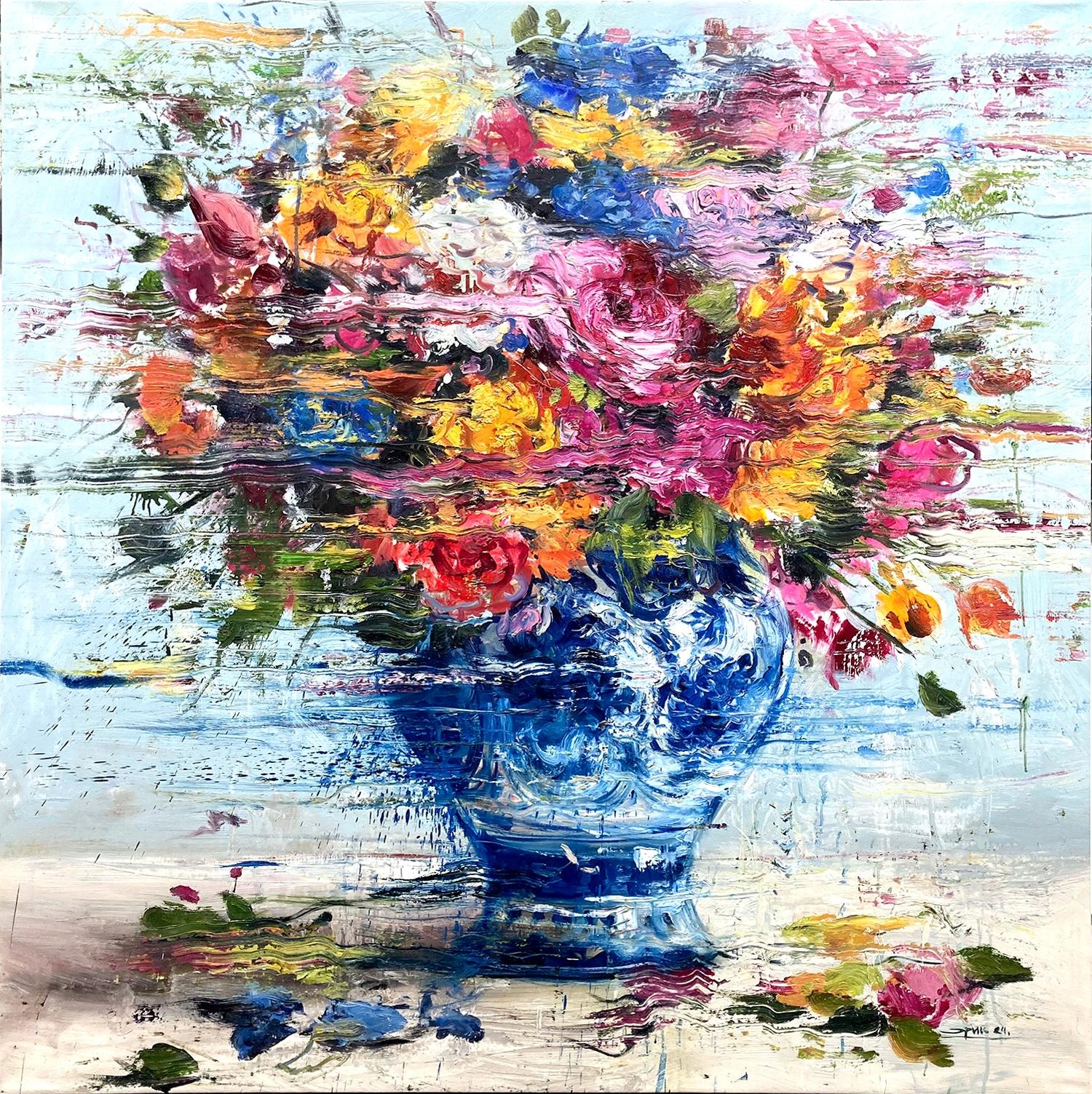 "Porcelana y flores" Jarrón francés con flores de colores Pintura al óleo sobre lino