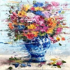 "Porcelain and Flowers" French Vase with Colorful Flowers Oil Painting on Linen