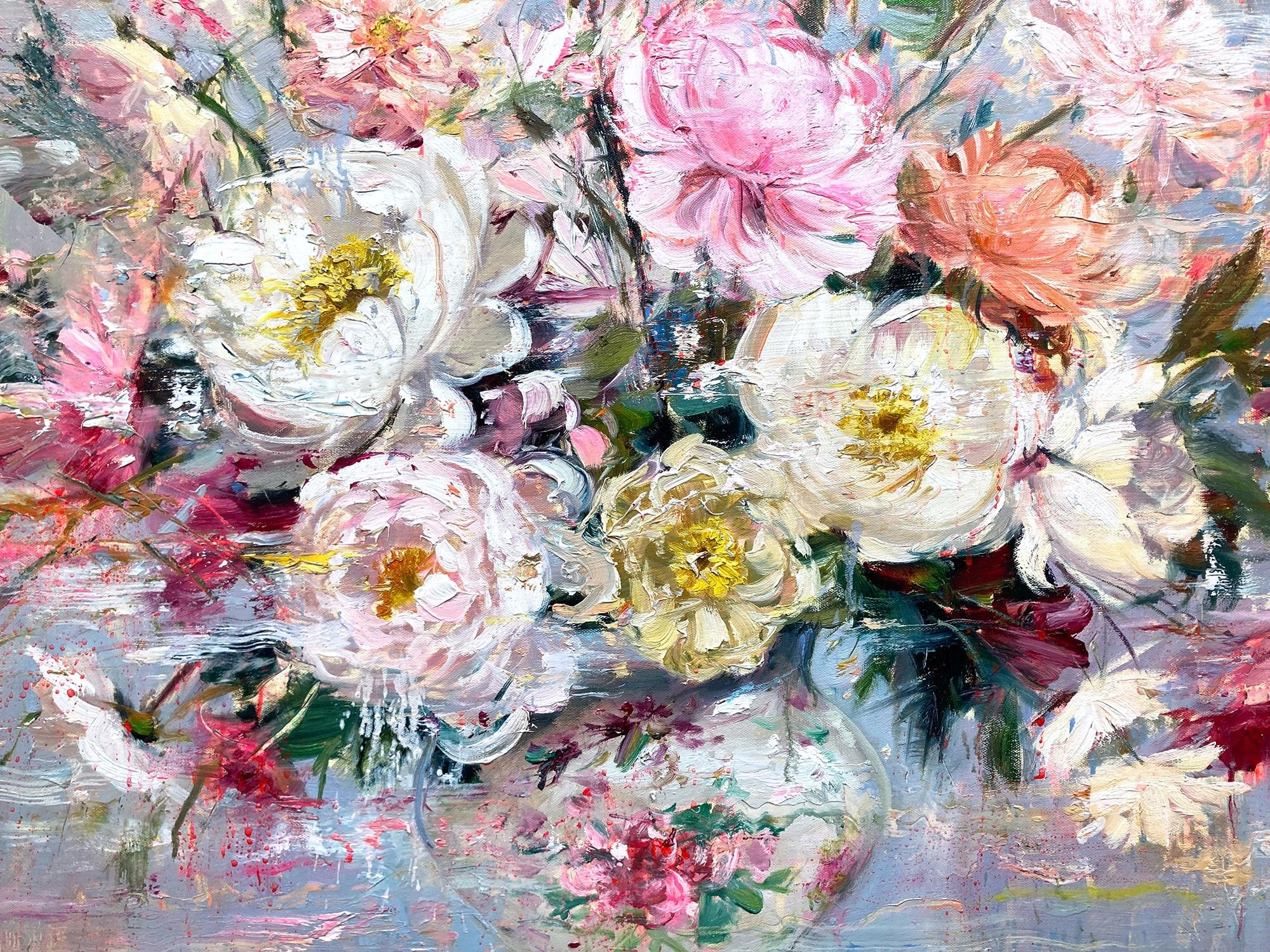 An impressionistic depiction of a white porcelain vase with a burst of white, pink, orange, yellow and light red flowers exploding with color and bold marks. Alfaro bridges the Baroque cultural movement onto his canvases with precision, juxtaposing