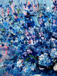 "The Florist" Porcelain Blue Vase with Blue Flowers & Pink Accents Oil Painting